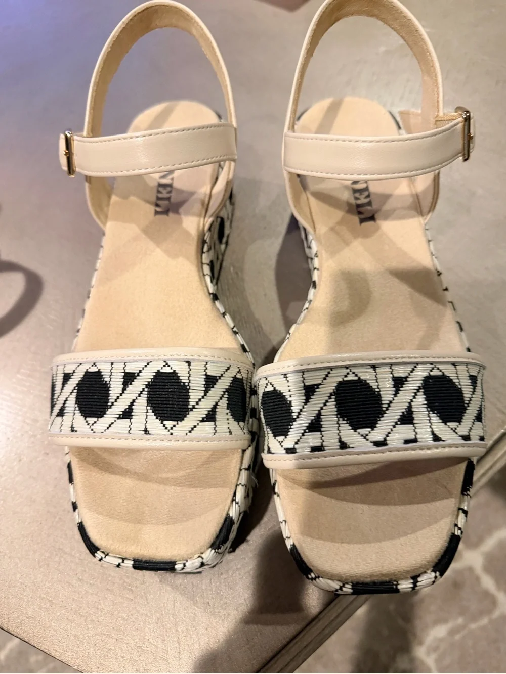 Vaneli Beige Leather Strappy Platforms with Black & Cream Geometric Woven Sole